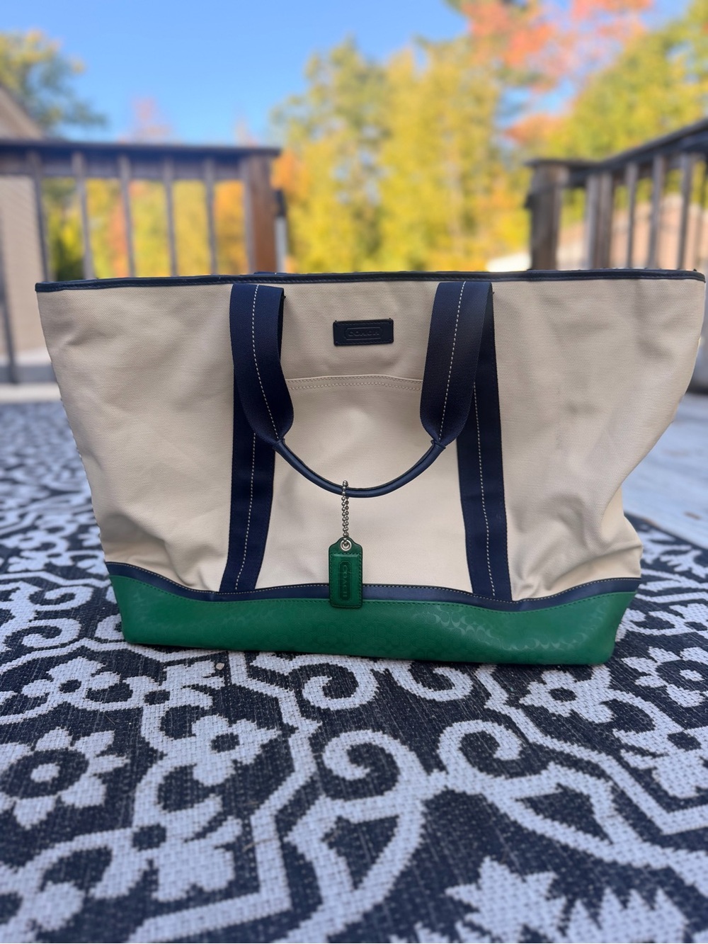 Canvas Coated Tote Bag with Green Trim - Navy & Cream